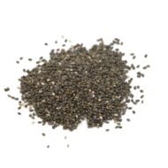 Chia sėklos mikrožalumynams – ekologiškos Salvia hispanica sėklos baltame fone.